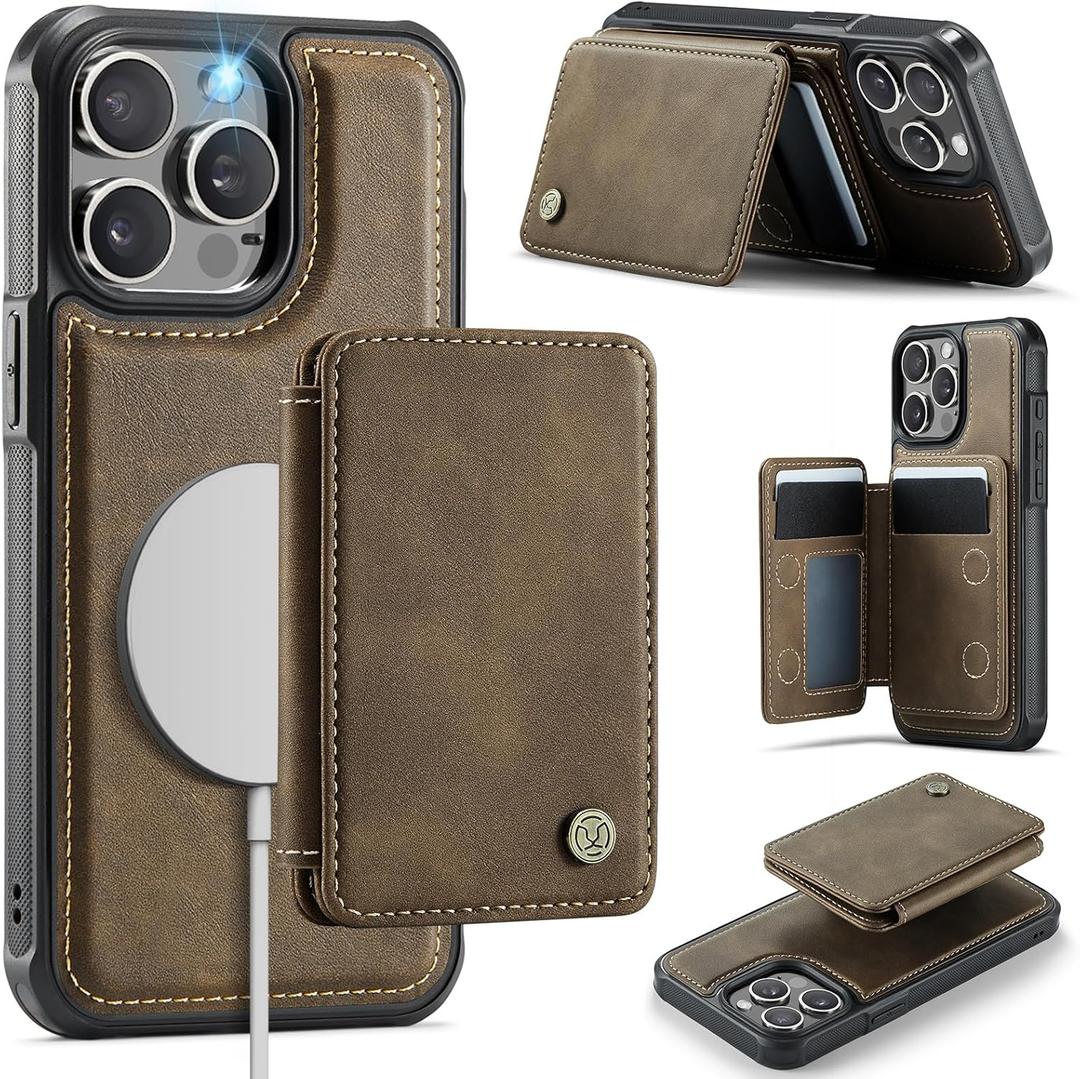 Usroom Compatible with Magsafe for iPhone 15 Pro Max Wallet Case Magnetic Card Holder, RFID Blocking 2 in 1 Detachable Kickstand Shockproof Case for Women Men, Brown