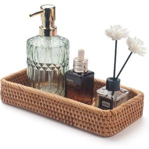 Rattan Bathroom Vanity Tray, Toilet Tank Tray, Toilet Basket Tank Topper, Bathroom Basket for Organizing and Decor (Natural, 10.2" x 4.9" x 1.6")
