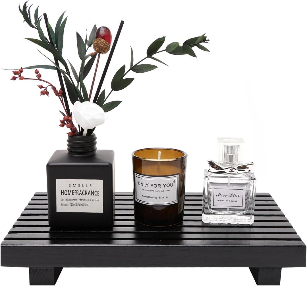 Renawe Black Bathroom Counter Organizer Wooden Display Pedesta Stand Kitchen Countertop Trays Farmhouse Wood Riser Dish Soap Dispenser Holder for Bathroom Decor Kitchen Sink Accessories Vanity Tray (10x6 inch)