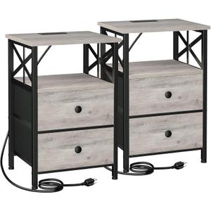 AMHANCIBLE Night Stand Set 2, Nightstand with Charging Station, End Tables Living Room with USB Ports and Outlets, Bedside Tables with Fabric Drawers for Bedroom, Greige