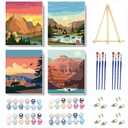 VIGEGU 4 Pack Paint by Numbers Kit for Adults Framed Canvas - with Wooden Easel,Adults' Paint-By-Number Kits National Park Mountain DIY Acrylic Landscape Oil Painting Arts Crafts 7.8x11.8inch