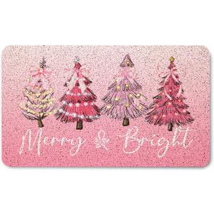Pink Coquette Bow Christmas Tree Door Mat Outside Entrance, Preppy Xmas Tree Welcome Mats for Front Door, Merry Christmas Winter Doormat for Outdoor Indoor Entryway, 17x30 Inches