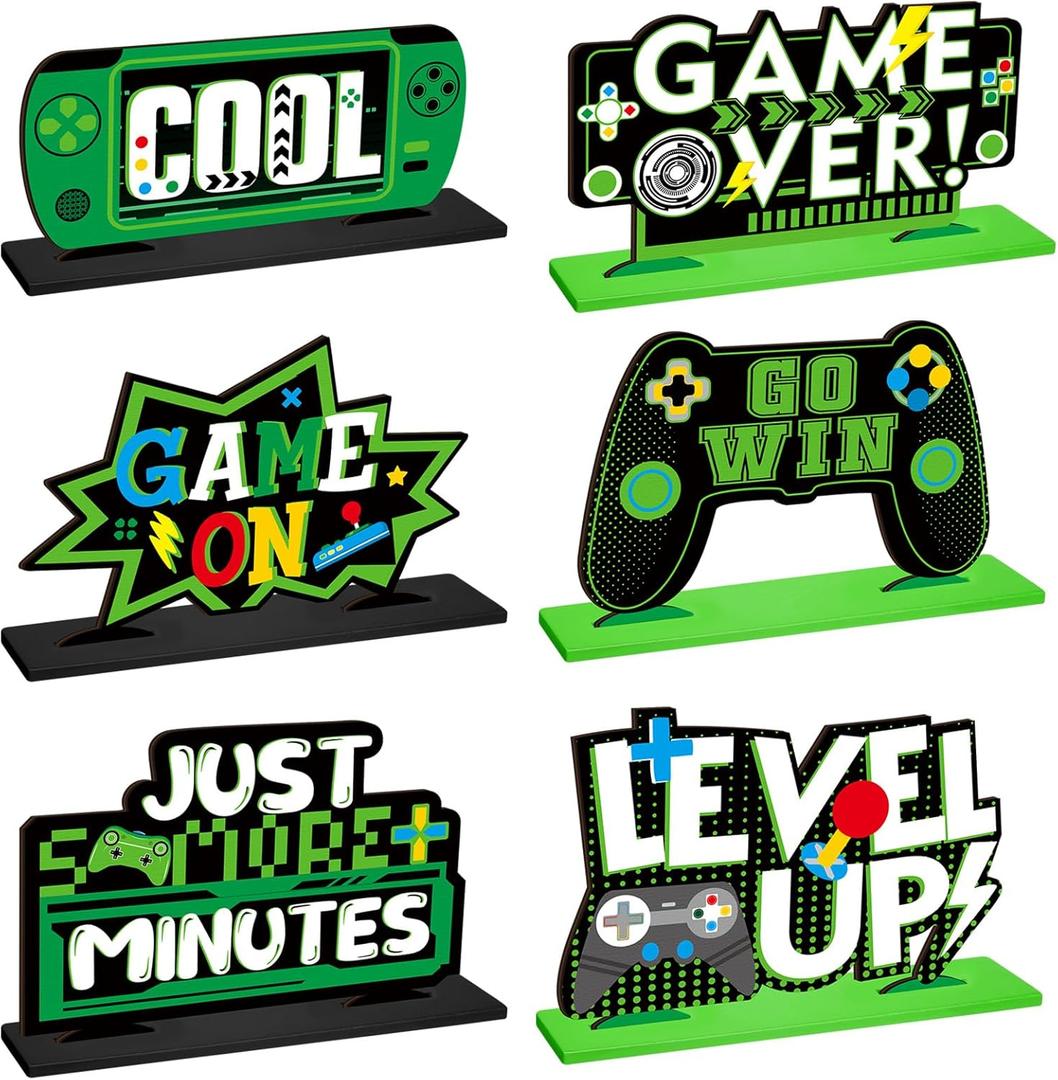 Geetery 6 Pcs Video Game Party Centerpieces Wood Level up Birthday Decorations Gaming Desk Decor Pixelated Table Sign for Adults Birthday Party Theme Fans Supplies(Green)