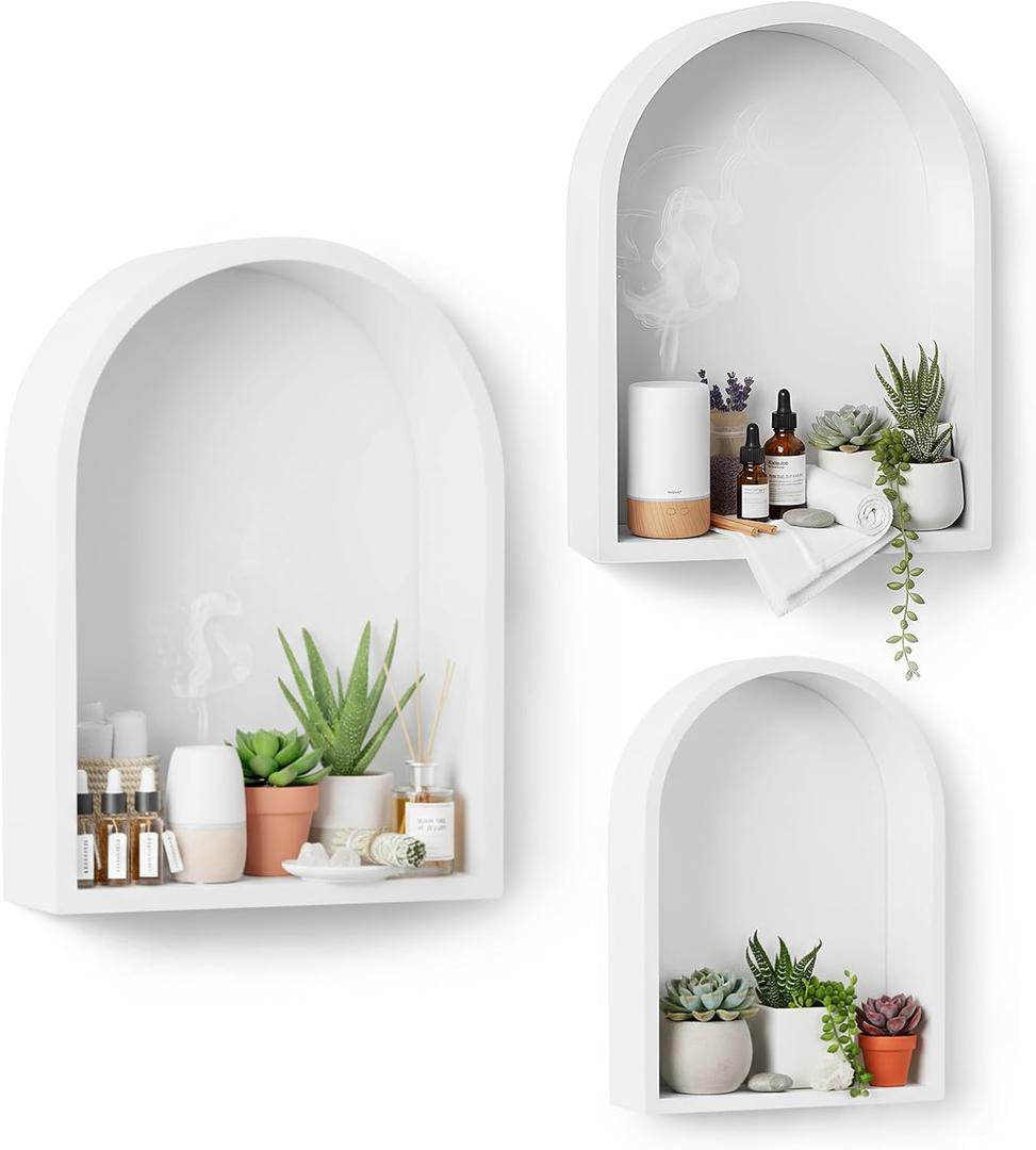 3 Set Wall Shelf 9.8 x 7.1 Inch Wooden Hanging Shelf Deep Display Storage Shelves Floating Shelves for Home Office Room Mini Figures Potted Plants Wall Decor(Arched,White)
