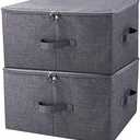 2Pcs Fabric Folding Washable Wardrobe Clothes Storage Baskets with Zip Lid | cabinets, shelves, attics, or atop closets organizer,17.6×13.6×9.7", Space Saving, breathable linen, sturdy plastic boards