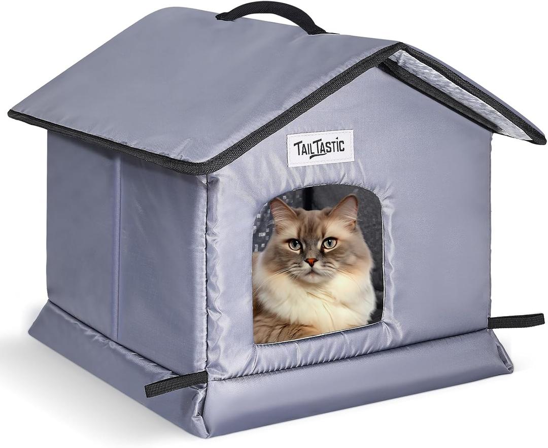 Outdoor Cat House Weatherproof & Insulated for Winter - Upgraded Seamless Bottom Feral Cat Shelter, Waterproof Cat Houses for Outdoor Cats, Easy to Assemble Outside Cat House with Mat (Grey, S)