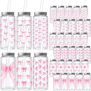 Skylety 30 Pcs Coquette Bow Aesthetic Cup Plastic Tumbler with Lids and Straws 13.5 oz Reusable Cute Plastic Cups for Women Sea Summer Birthday Bridal Wedding Party Supplies
