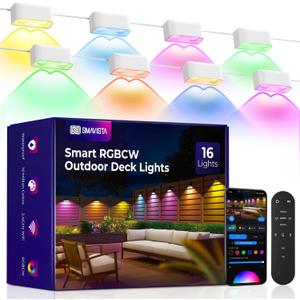 Outdoor Deck Lights 16 Packs, Smart RGBCW Fence Light, 100+ Scene Modes, Dual Lens LED String Lights with APP/Voice/Remote Control, IP65 Waterproof for Halloween Christmas Decor, 105ft White