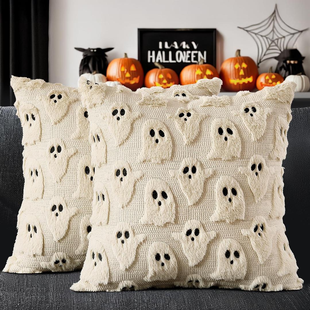 MIULEE Halloween Pillow Covers Cute Ghost Spooky Throw Pillows Set of 2 Soft Plush Faux Fur Decorative Cushion Covers for Couch Sofa Bed Porch Living Room Halloween Decor 18x18 inch Beige