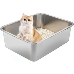Stainless Steel Cat Litter Box for Large Cats - 17.5"x13.6"x6.1" High-Sided Metal Tray, Anti-Splash & Odor Resistant, Durable Rustproof Design, Easy to Clean 2Pcs