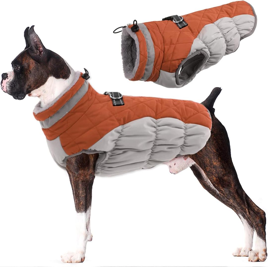 Lelepet Dog Coat Warm Dog Winter Coat Waterproof Dogs Jacket with Harness Built in Reflective Pet Fleece Vest Zip-Up Cold Weather Coats for Large Dogs Turtleneck & Windproof Coats Boston Terrier Brown L