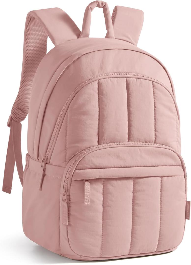 BAGSMAT Womens Backpack Travel Laptop Backpack for Women, Quilted College Laptop Bookbag, Work Back Pack for Women, Cute Computer Water-Resistant Casual Daypack, Puffer Pink (15.6 Inch)
