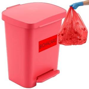 Geiserailie 1 Set 8 Gallon Biohazard Trash Can with 50 Hazardous Bag, Foot-Operated Self-Closing Lid and Biohazard Labels for Lab Medical Hospitals Industrial Infectious Hazardous Waste Disposal