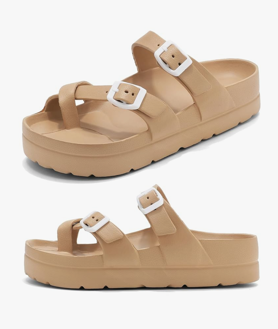 Womens Platform Sandals with Arch Support, Adjustable Buckle Beach Sandal Woman Comfort Lightweight Ultra Cushion EVA Slides, Size 10