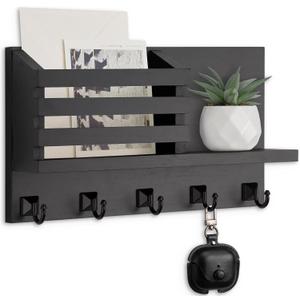 Key Holder Wall Mount, Mail Organizer for Wall with 5 Square Rustic Key Hooks Key Shelf Farmhouse Home Decor for Entryway, Black