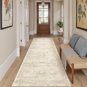 Washable Runner Rug, 2'6" x 8' Non-Slip Kitchen Vintage Foldable Hallway Runners for Entryway, Laundry, Bedroom, Beige