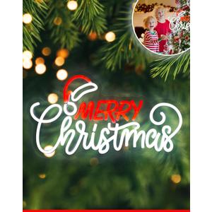 Merry Christmas Neon Sign for Wall Decor Dimmable Neon Christmas Sign fox Xmas Party Red White LED Neon Xmas Sign for Home Office Store USB Powered 16.92"x9.84"