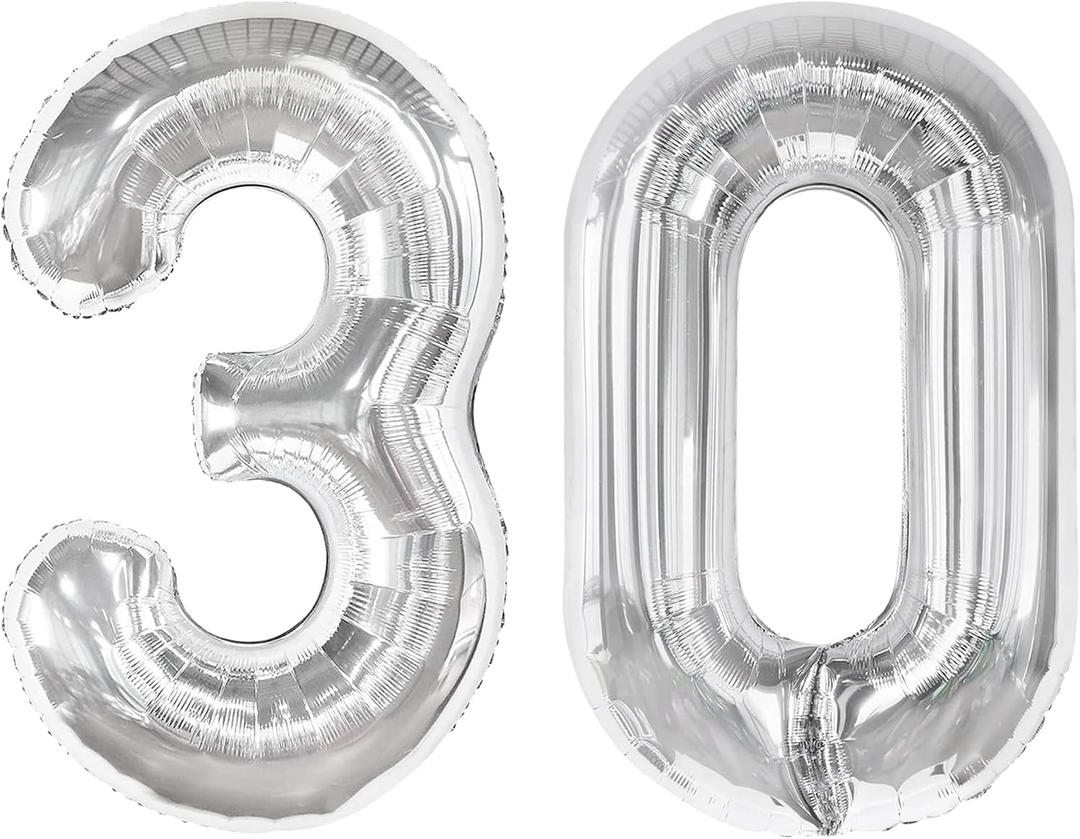 Silver Number 30 Balloon 40 inch, 30 Number Balloons, 30th Silver Birthday Decorations for Girls Boys Kids, 30 Year Old Women Men Silver Party Supplies