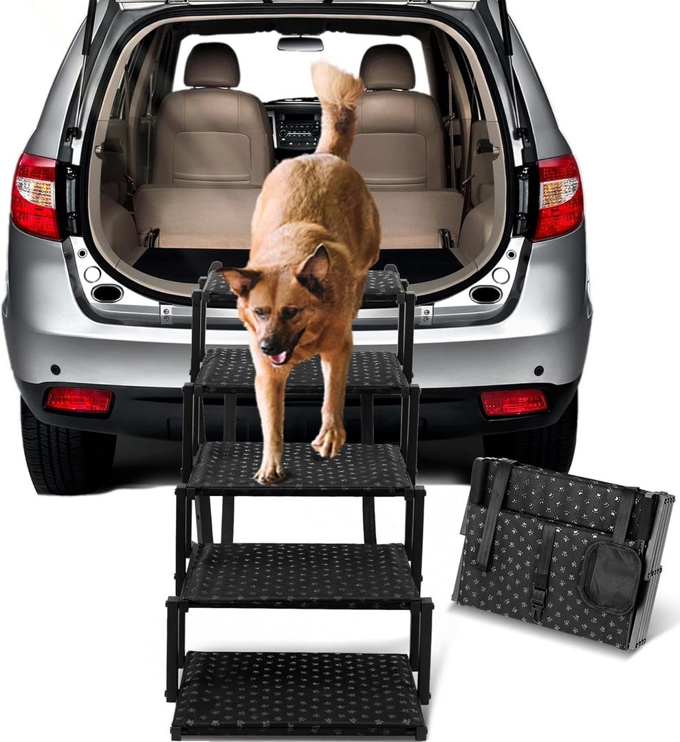 Dog Stairs for Car - Foldable Dog Ramps for Large Dogs with Non Slip Surface, Portable Dog Steps for Cars and SUV, Truck, Support Up to 200 Lbs (5 Steps, Black)