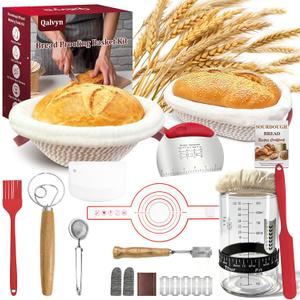 Sourdough Bread Baking Supplies, Sourdough Starter Kit with Cotton Rope Oval & Round Bread Proofing Basket and Sourdough Starter Jar, Artisan Bread Making Kit Ideal Gift for Bakers, Women Wife Mom (Red)