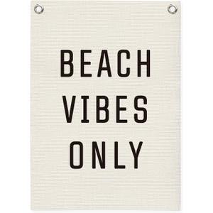 Beach Wall Decor Linen Canvas BannerBeach Signs Wall Decor Hanging Flag Banner for Homes Playrooms NurserySummer Displays, Ocean Themed Bedroom Decor 18x25 Inch (Beach vibes only)