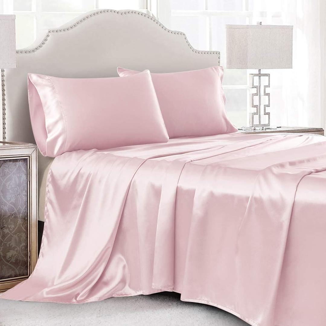 3 Pcs Blush Pink Satin Sheets Twin XL Size Silky Satin Bedding Sheets Set with 1 Deep Pocket Fitted Sheet, 1 Flat Sheet, 1 Pillowcase