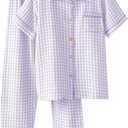 Womens Gingham Pajama Set Cotton Cute Pj Set Color Block Shirts 2 Piece Bridal Sleepwear Plaid Lounge Set (Purple, XXL)
