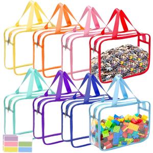 8 Packs 8 Colors Large Toy Storage Bags with Zipper and Labels, Clear PVC Waterproof Toy Organizers Bags for Board Games, Puzzles Pieces, Building Blocks, Handmade Accessories, Kid Books (Multicolor), 12"L x 4"W x 8.7"H