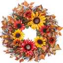 24 Inch Front Door Fall Wreath, Harvest Wreath Decor with Sunflower, Berries, Leaves, Autumn Wreath, Perfect for Thanksgiving Farmhouse Harvest Indoor and Outdoor