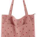 Prite Corduroy Tote Bag for Women Large Shoulder Bag with Zipper and Pockets for College Work Travel Shopping (Strawberry Pink)