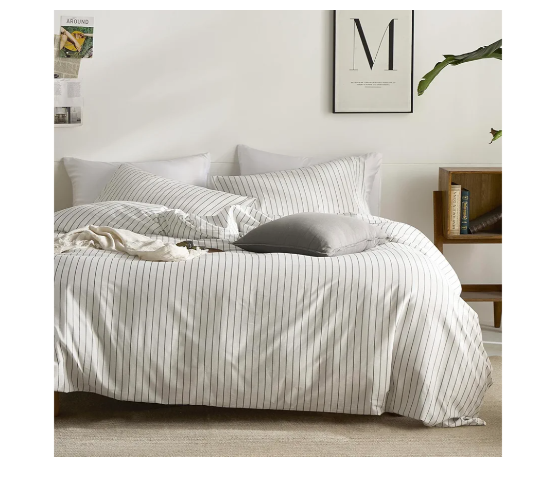 JELLYMONI Striped Duvet Cover Set - Twin Size 100% Cotton - 2PCS White & Grey Vertical Stripes Bedding - Hidden Zipper Closure & 8 Corner Ties - Breathable Comforter Cover for Bedroom