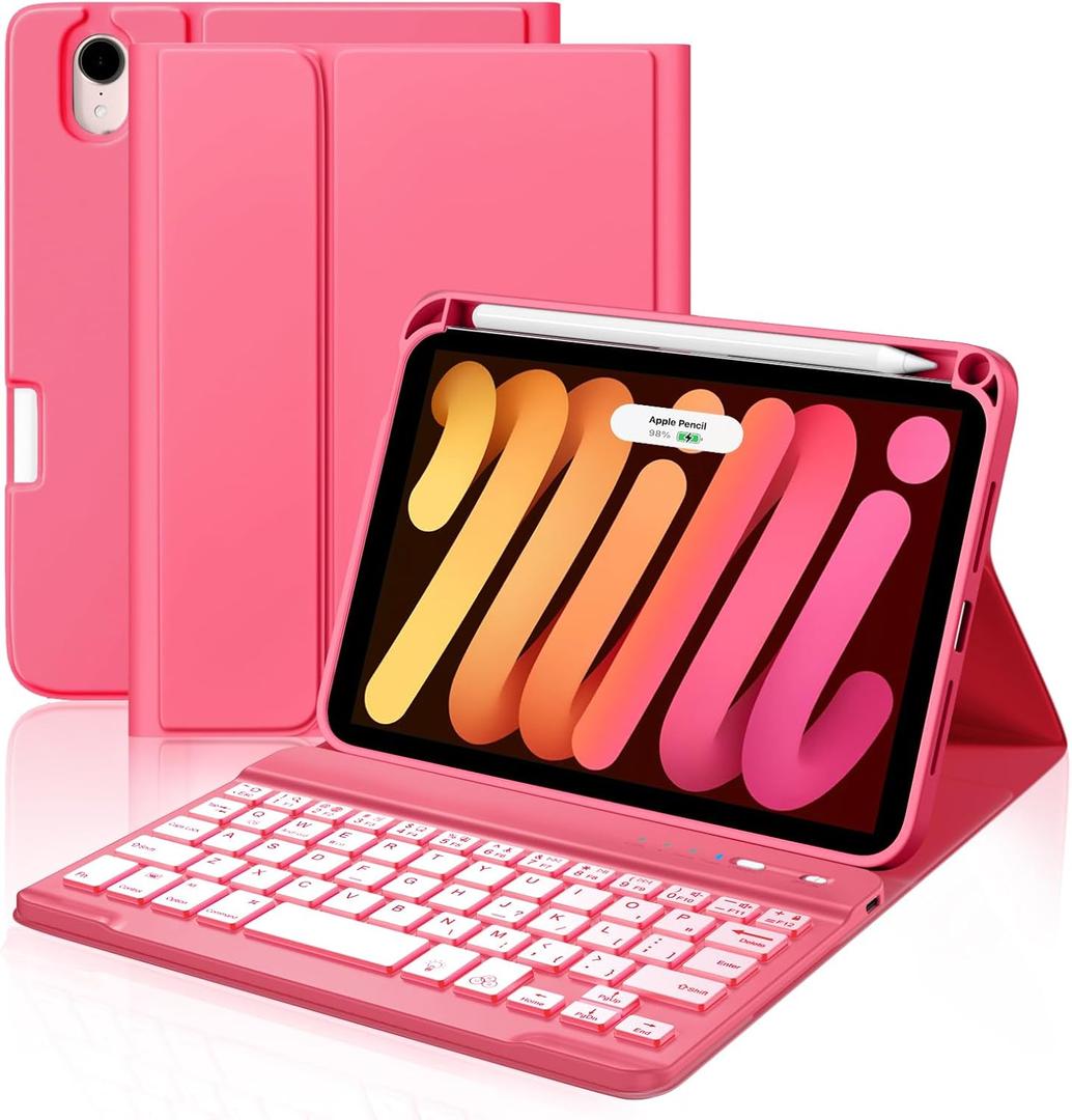 Cousper for iPad mini 7 Keyboard Case A17 Pro 2024/iPad Mini 6 Generation Case with Keyboard 2021 8.3 Inch, Pencil Holder, 7 Color Backlit Detachable Keyboard Cover for iPad mini 7th/6th Gen,DarkPink