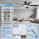 TCL 52" Low Profile Ceiling Fan with Light, Slim, Black, Flush Mount, DC Reversible Motor, 6 Speeds, Remote Control, Noiseless, Dimmable, LED Light, 3CCT, Modern Matte Black Ceiling Fan for Bedroom