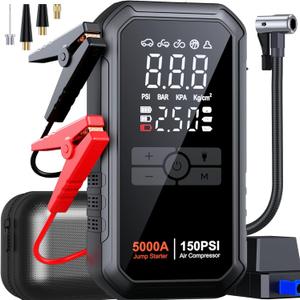Portable Car Battery Jump Starter with Air Compressor 5500A 150PSI Car Jump Starter Jump Box (All Gas/10L Diesel), Car Battery Jumper Starter Portable Jumper Cables, Large LCD Display, LED Light