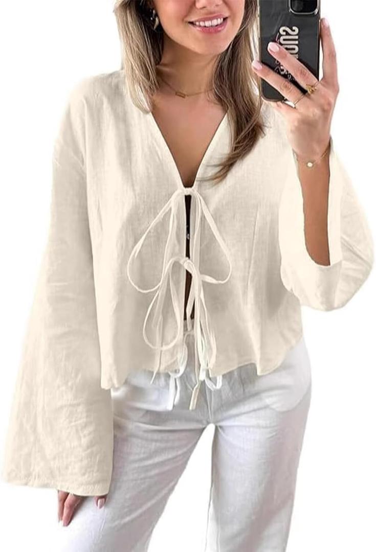 Chvity Tie Front Tops for Women Y2K Linen Shirts Flare Sleeve V Neck Going Out Coquette Clothes Casual Lace Up Bow Blouses (Beige, S)