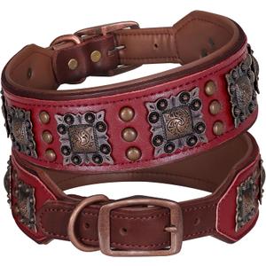 PET ARTIST Upgrade Padded Leather Dog Collar, 2 inch Wide Genuine Leather Dog Collars with Strong Studded Rivet & Metal Buckle, Adjustable Large Dog Collar for Pit Bull Doberman, Red, Neck 19-22"