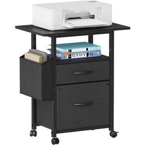 GYIIYUO 2 Drawer File Cabinet with 24'' Extended Desktop, Mobile Filing Cabinet, Rolling File Cabinet with Side Bag, Fabric Drawer, Fits A4/Letter Size, Printer Stand Home Office, Black