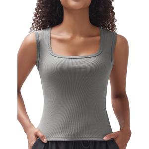 Women's Square Neck Ribbed Tank Tops Sleeveless Shirts Casual Basic Tanks Slim Fitted Workout Tops French Gray XL