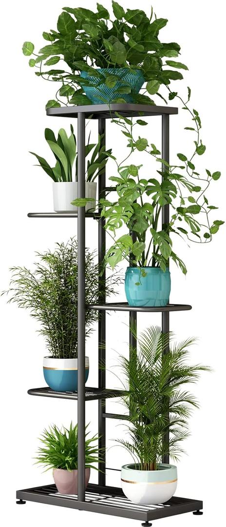 LINZINAR Plant Stand Indoor Outdoor Metal 5 Tier 6 Potted Multiple Flower Pot Holder Shelf Planter Display Shelving Unit for Patio Garden Corner Balcony Living Room (5 Tier 6 Potted, Dark Grey)