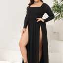 SILUI Women's Square Neck Double High Slit Long Sleeve Sexy Plus Size Sundresses Thigh Split Club Party Maxi Dresses (Black, L)