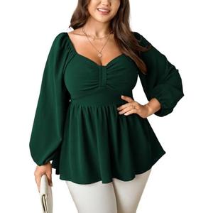 SCOMCHIC Women's Plus Size Blouses Long Sleeve Sweetheart Neckline Babydoll Ruffle Peplum Smocked Cute Casual Fall Tops, 1XL