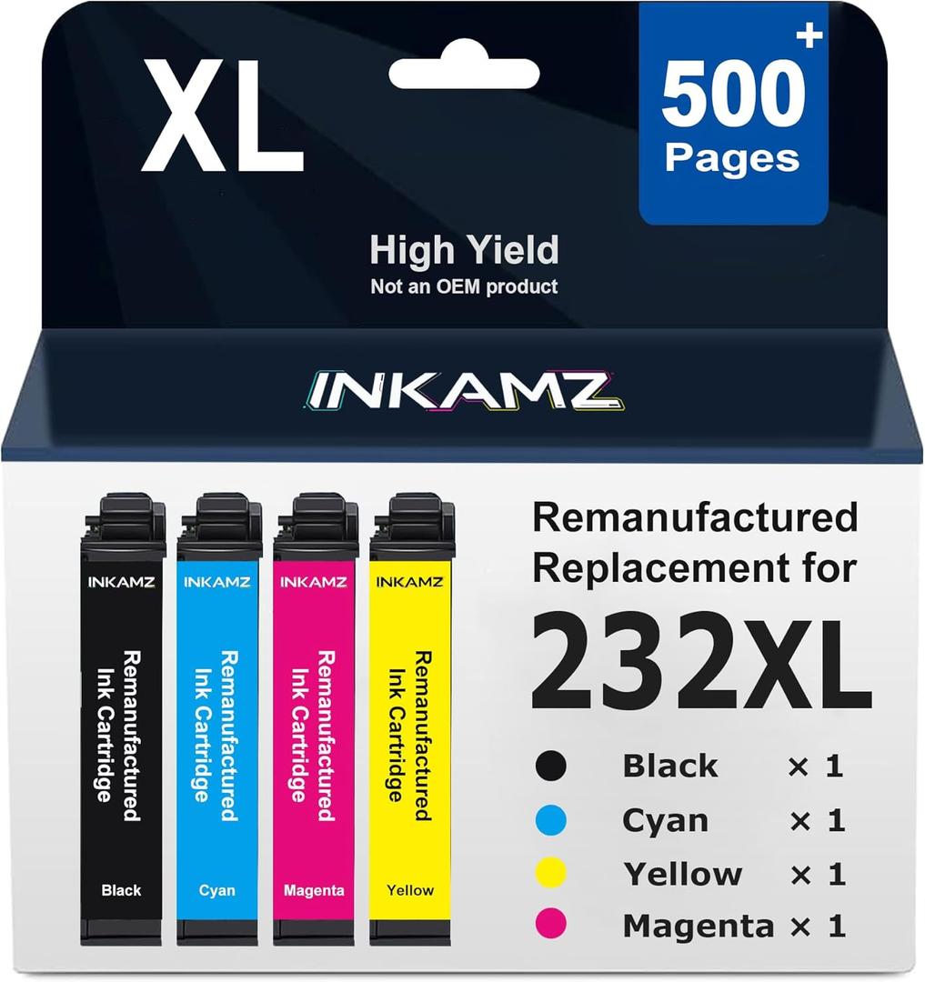 Remanufactured Ink Cartridges Replacement for Epson 232XL 232 XL Ink Cartridges Combo Pack Work with Printer XP-4200 Ink WF-2930 WF-2950 XP-4205 (1 Black, 1 Cyan, 1 Magenta, 1 Yellow)