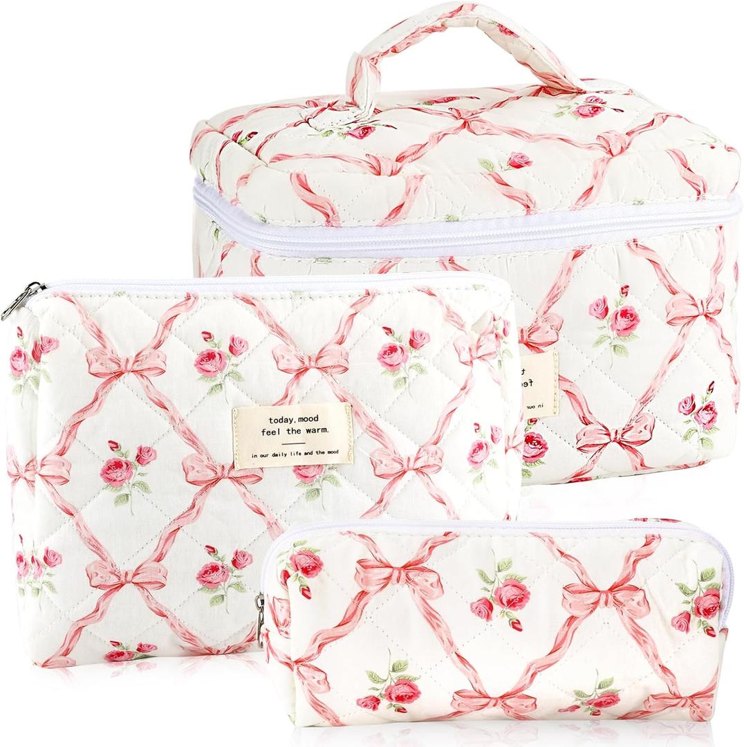 3Pcs Makeup Bag Quilted Cosmetic Bag Set Bow Travel Large Makeup Pouch for Women Cute Portable Cotton Toiletry Bag Skincare Organizer Coquette Vintage Travel Essential