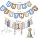 DCJHFJ Felt Khaki Blue Happy Birthday High Chair Banner Pre-Strung Birthday Hanging Decoration for 1st Birthday Decorations Boy