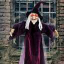 Halloween Witch Decorations Outdoor Life Size Hanging Talking Witch Animated Halloween Witch with Sound Activation and Red Eyes for Halloween Decorations Haunted House Prop Décor, Purple