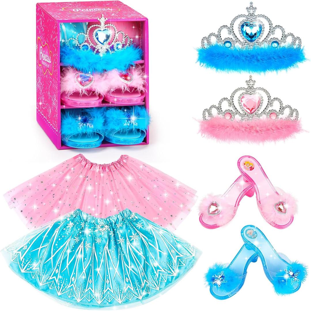 Kids Princess Dress Up Clothes for Little Girls, Pretend Play & Dress Up Costume Set for 3-6 Toddler Little Girls (Pink Blue)