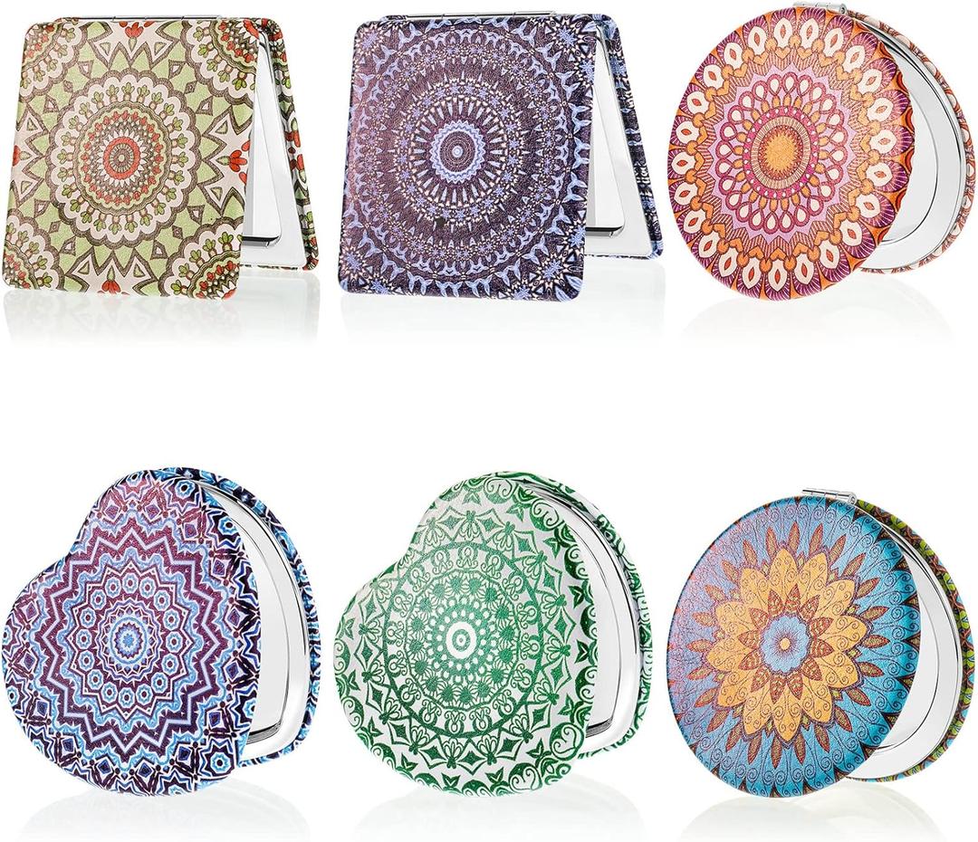 Mandala Design Pocket Mirror Mini Travel Makeup Purse Compact Accessories Beauty Magnifying Double Sides Pocket Mirror Portable Handheld Folding PU Leather Supply for Women(6 Pieces)