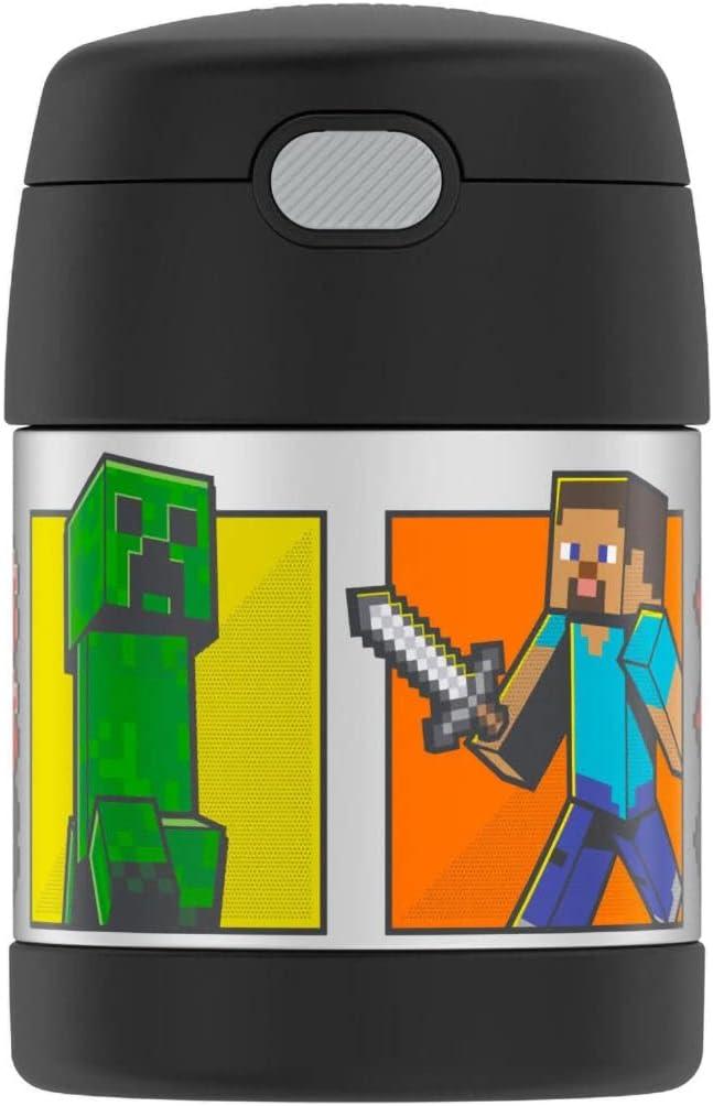 THERMOS FUNTAINER Insulated Food Jar 10 Ounce Kid Friendly Food Jar with Foldable Spoon, Minecraft