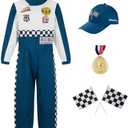 Kosgraiy Race Car Driver Costume Boy Girl,Kid Racer Jumpsuit with Car Cap,Toddler Racing Costume Halloween with Accessories, Size 110