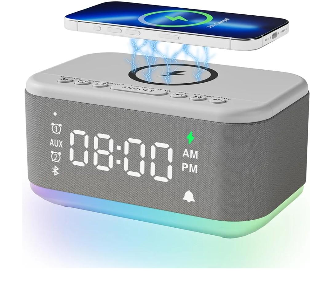 Alarm Clock Speaker Wireless Charger, Digital Alarm Clocks Bedrooms Bluetooth, Alarm Clock Dimmable Light Bedrooms Dual Alarm Snooze Dimmer 12 24H RGB Night Light Bluetooth USB AUX, Gray